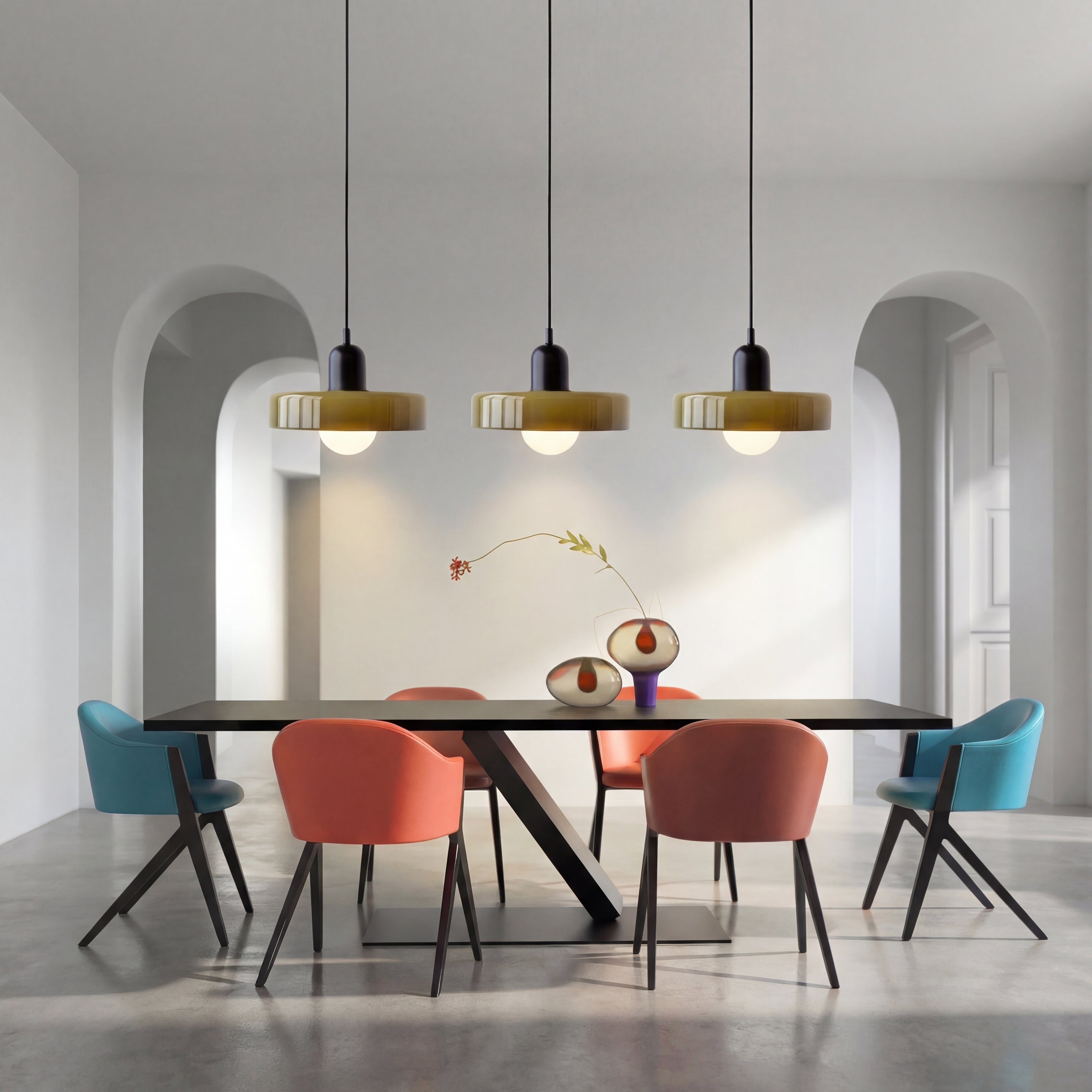 3-armet pendel i farvet glas i Bauhaus-stil