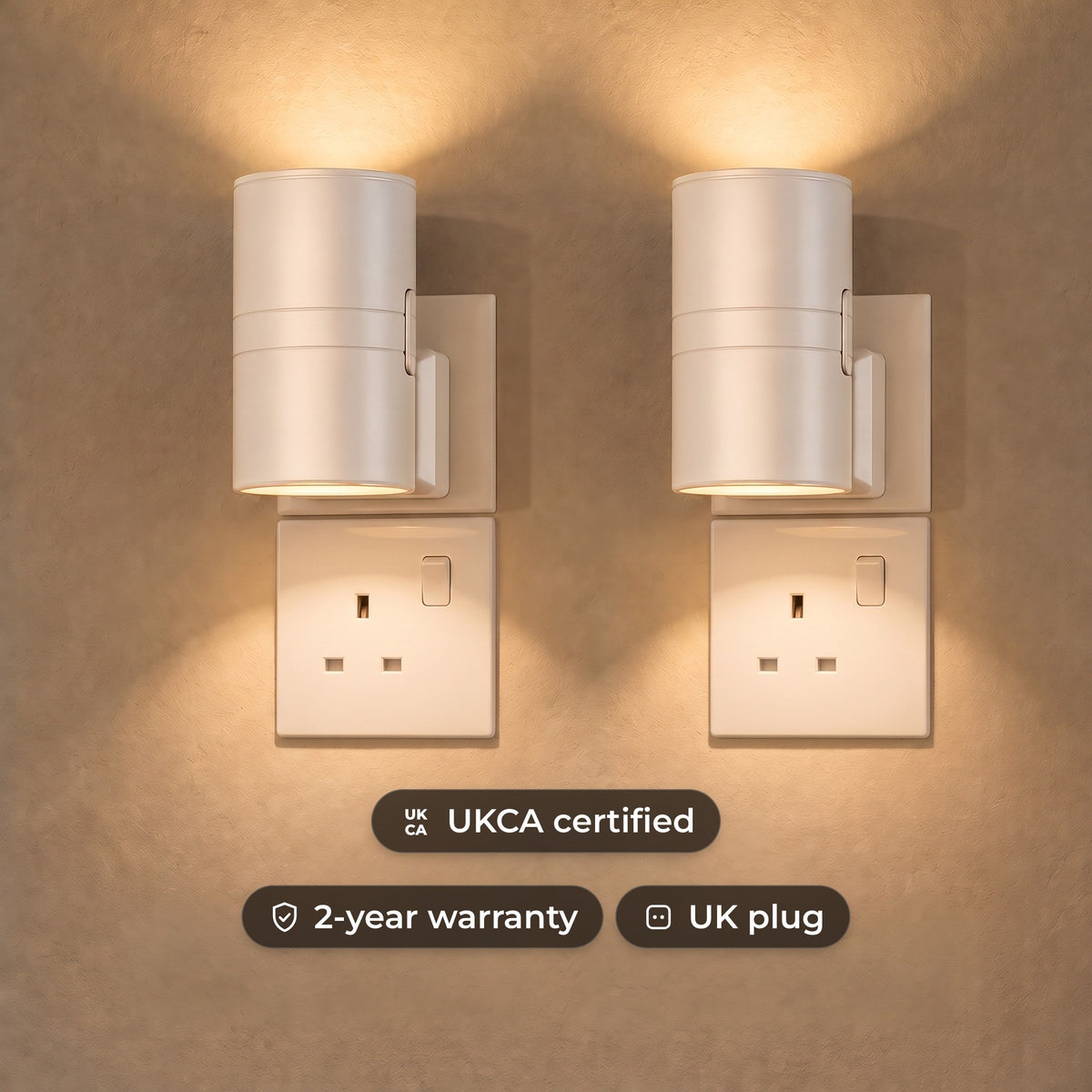Plug-in up and down LED wall lights in white, glowing warm white