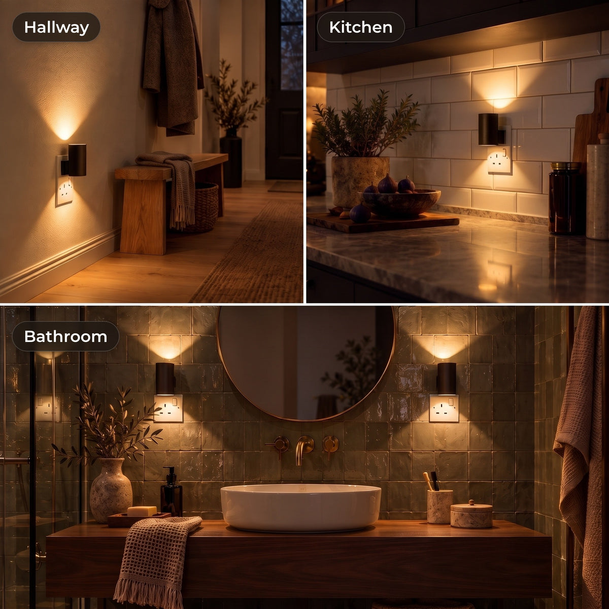 Plug-in wall lights in the hallway, kitchen and bathroom