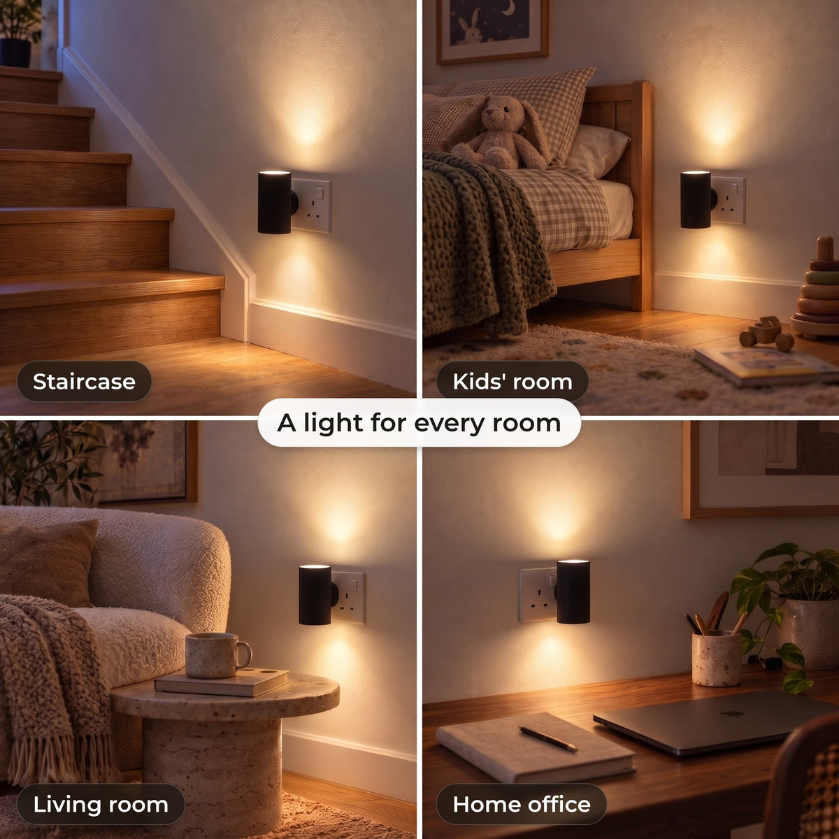 Plug-in wall light on the staircase, in a kids' room, living room and home office