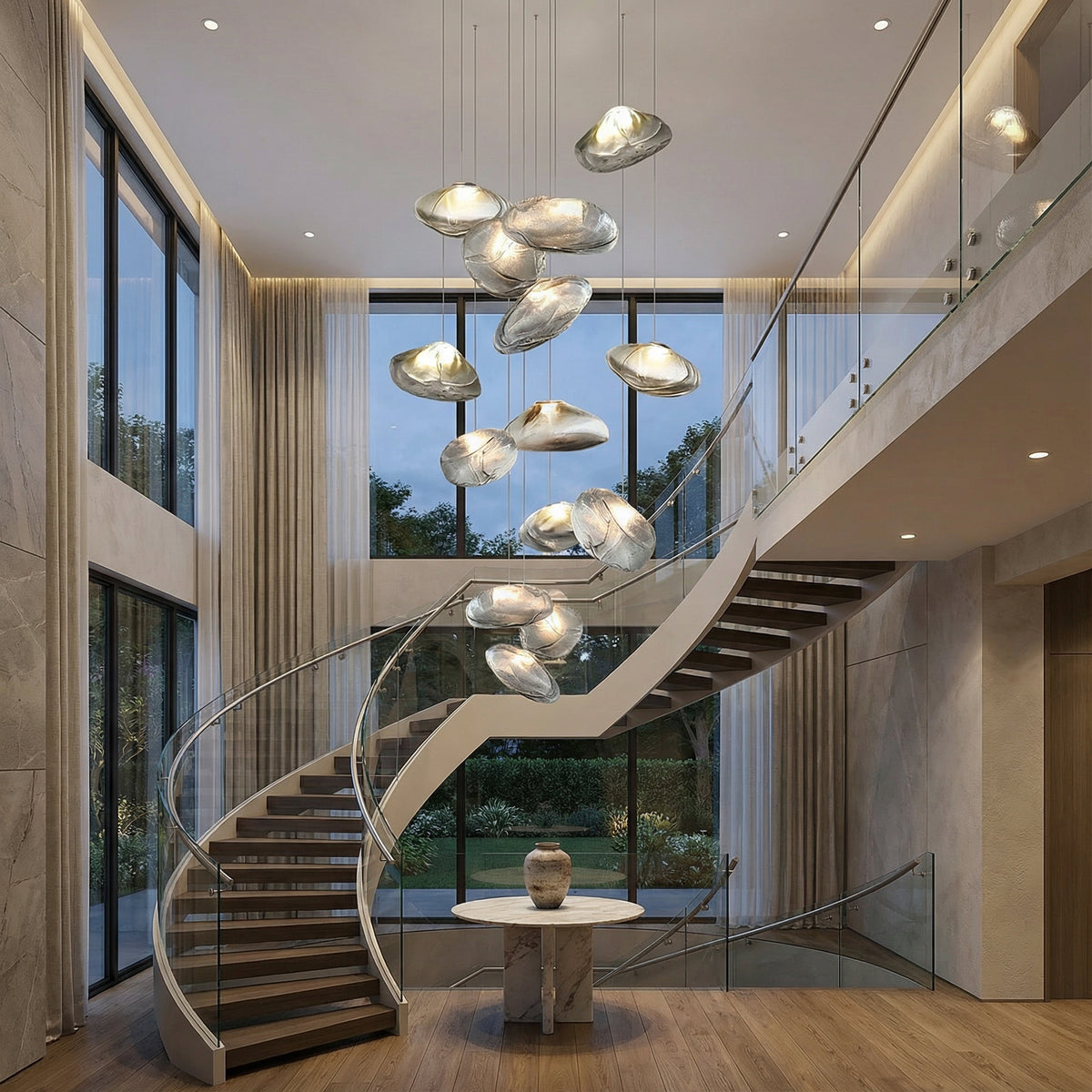 Cascading staircase chandelier filling a tall stairwell