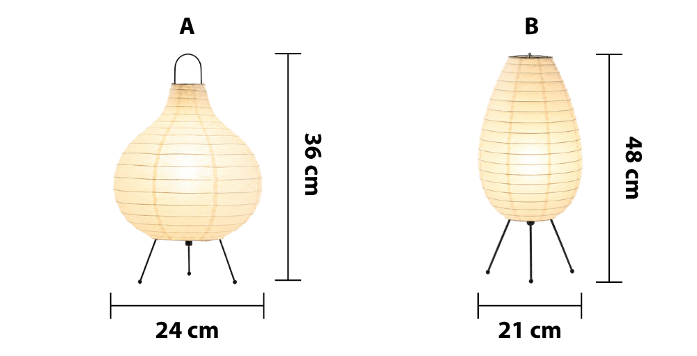 Bordlampe i rispapir – mål for model A og B