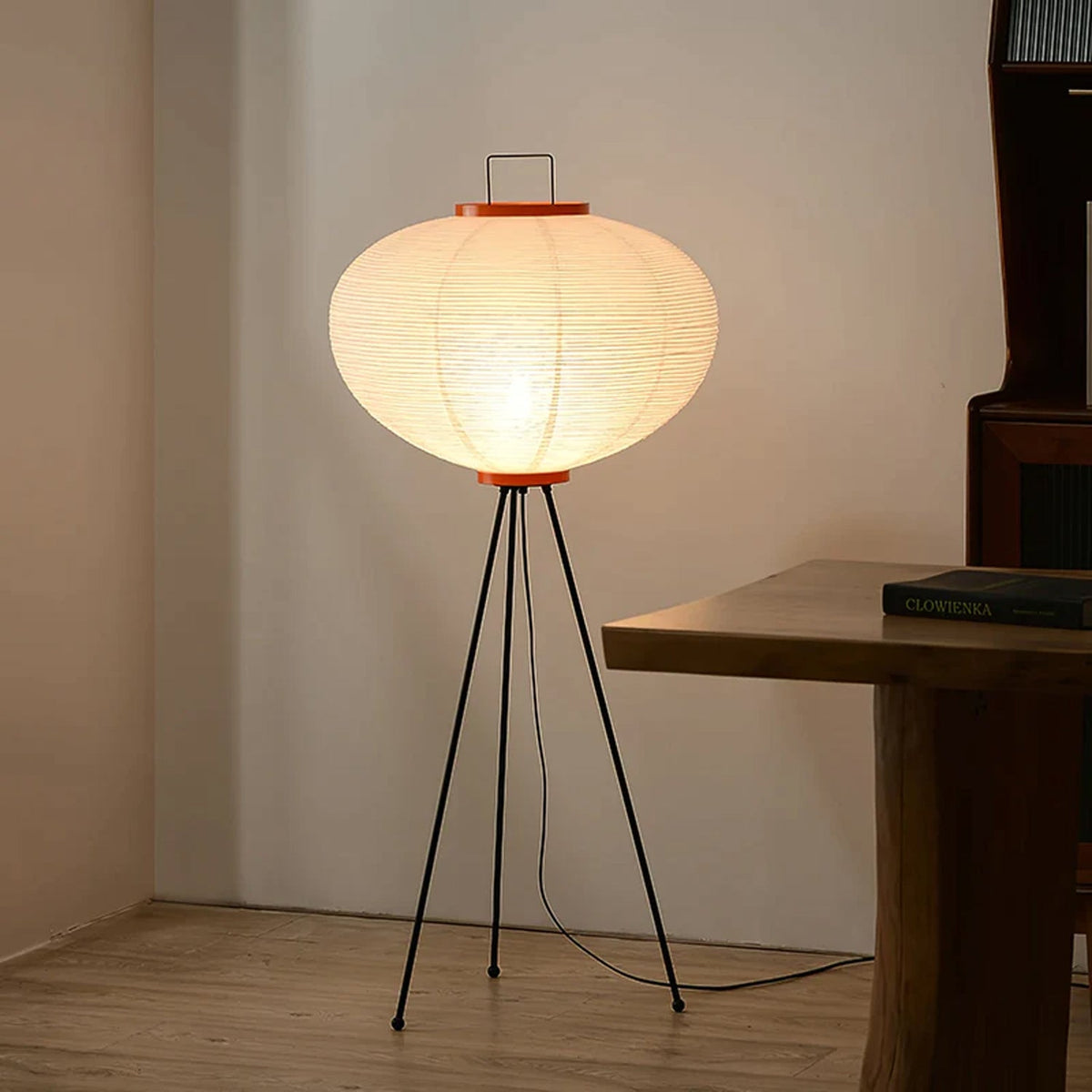 Arc floor lamp curving over a sofa